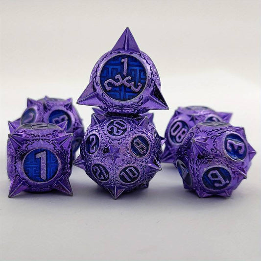 Metal D20 Polyhedral 7 Piece Dice Set - Flail - Purple