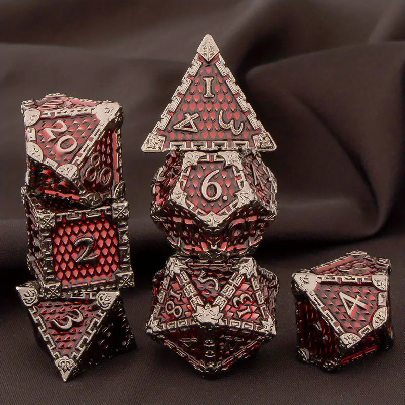 Metal D20 Polyhedral 7 Piece Dice Set - Dragon Scale Red