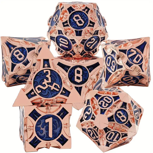 Metal D20 Polyhedral 7 Piece Dice Set - Morning Star - Red Copper Blue