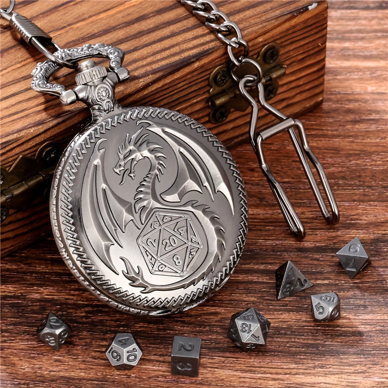 Mini Metal Dice Set With Pocket Watch Case - Dragon