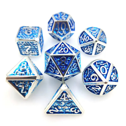 Metal Dice Set - Dragon Scale - Bright Silver Light Blue