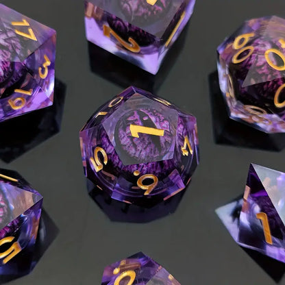 Premium D20 Polyhedral 7 Piece Dice Set - Liquid Core - Dragon Eye Purple