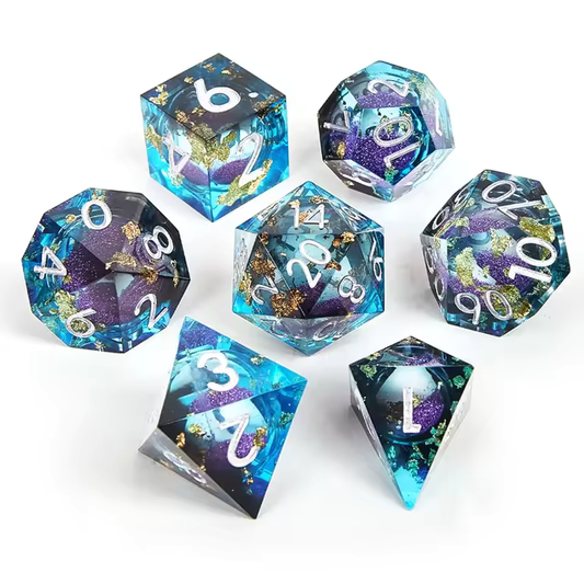 Liquid Core Dice Set - Quicksand Gold Leaf Blue Purple