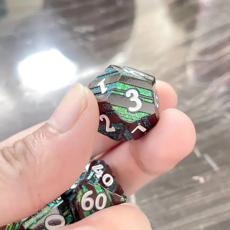 Metal D20 Polyhedral 7 Piece Dice Set - Sparkling Green Stripes