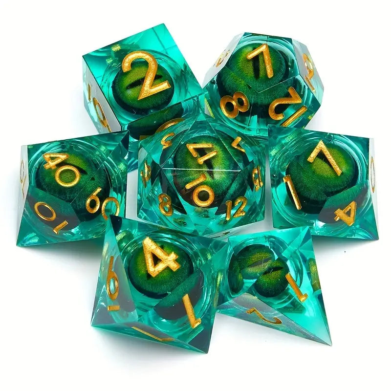 Premium D20 Polyhedral 7 Piece Dice Set - Liquid Core - Dragon Eye Green