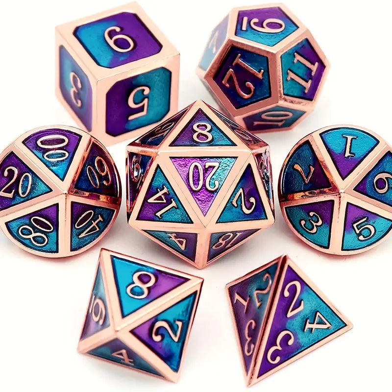 Metal D20 Polyhedral 7 Piece Dice Set - Gradient - Blue/Purple, Copper Edge
