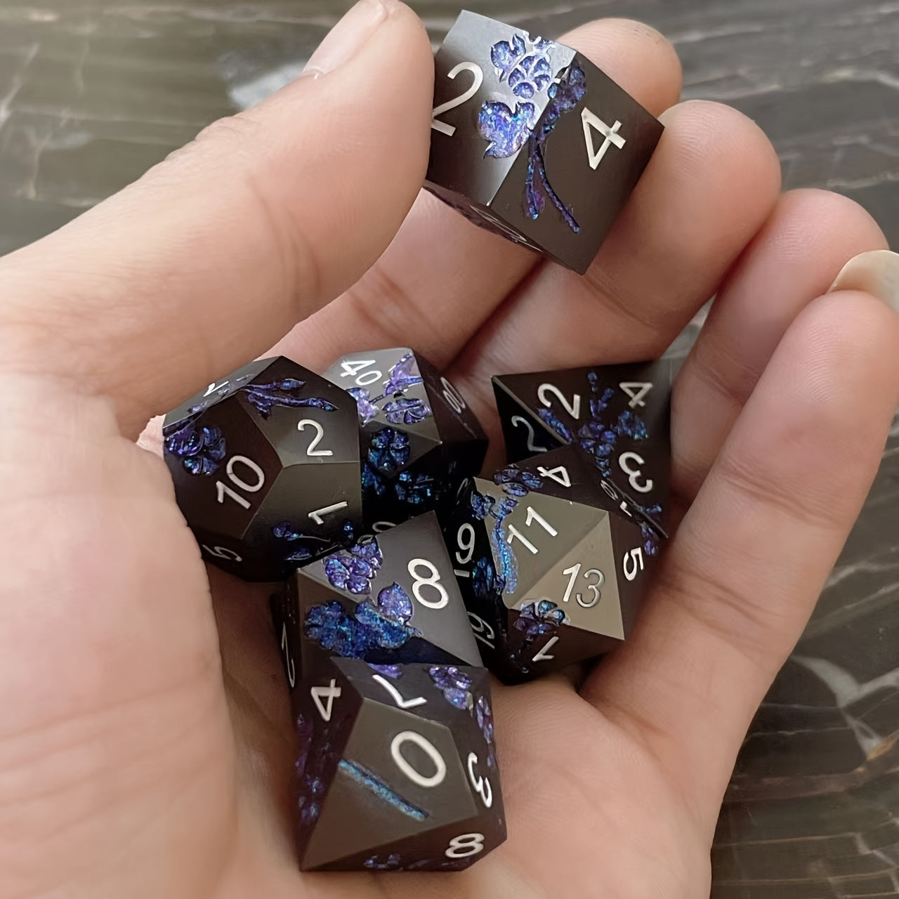 Metal Dice Set - Floral - Matt Black Blue Flower