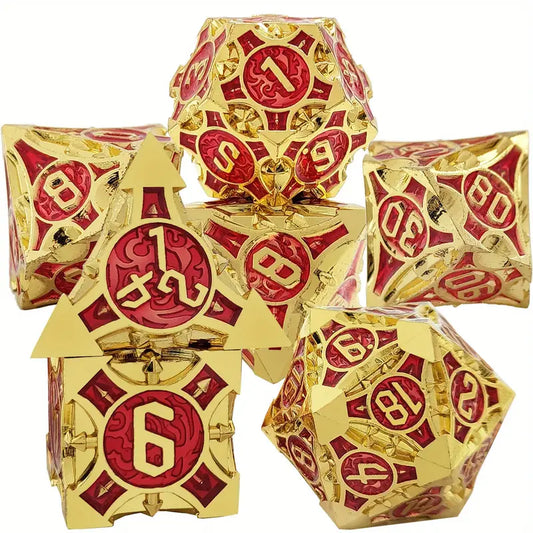 Metal D20 Polyhedral 7 Piece Dice Set - Morning Star - Golden Red