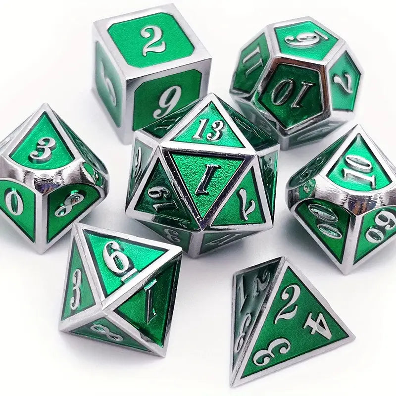 Metal D20 Polyhedral 7 Piece Dice Set - Silver/Green