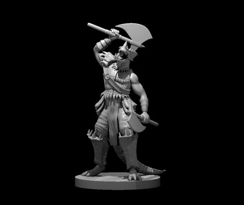 Blue Dragonborn Barbarian Two Axes 28mm scale miniature
