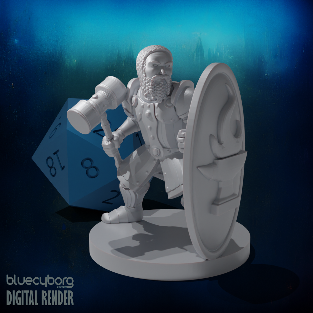 Dwarf Fighter w Tower Shield n Hammer 28mm Scale Miniature