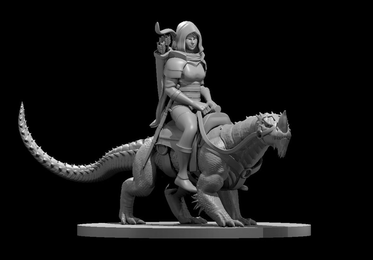 Elf Female Drake Warden Ranger with Drake Mount & Leather Armor - 28mm Scale Miniature