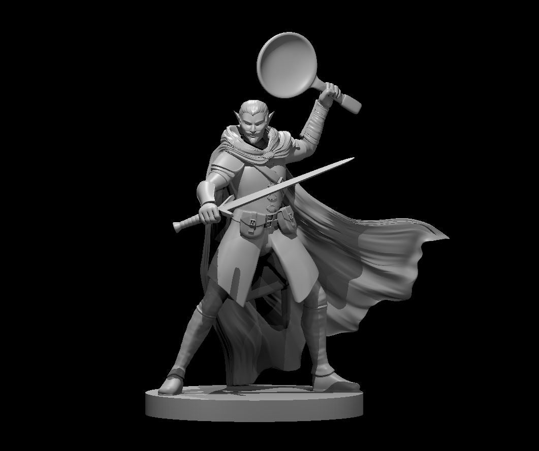 Elf Male Two Sword Ranger 4 with a frying pan and longsword - 28mm Scale Miniature