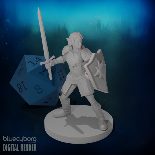 Female Elf Light Paladin with Sword and Kite Shield 28mm Scale Miniature