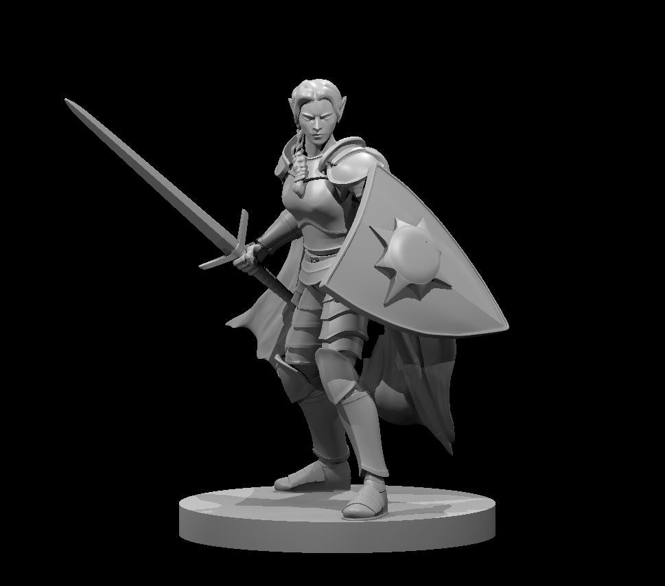 Female Elf Light Paladin with Sword and Kite Shield - 28mm Scale Miniature