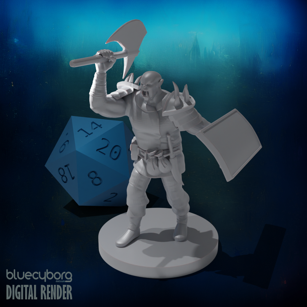 Half Orc Barbarian with Battle Axe and Tower Shield 28mm Scale Miniature