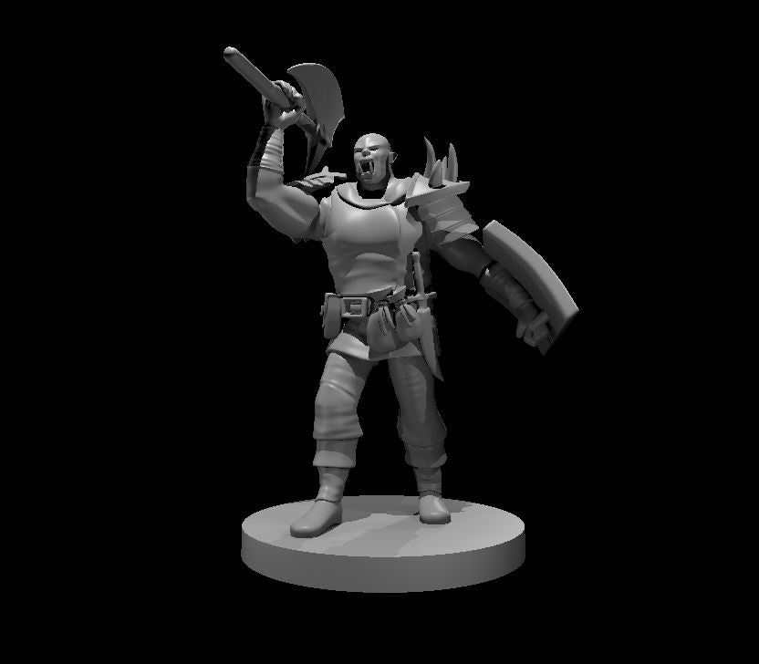 Half Orc Barbarian with Battle Axe and Tower Shield - 28mm Scale Miniature