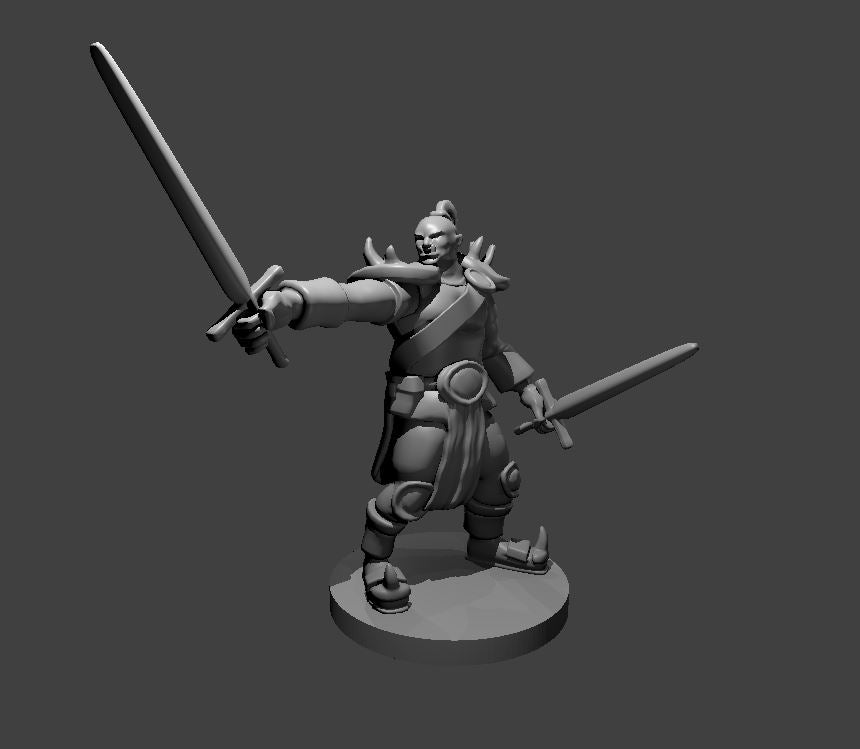 Half Orc Male Barbarian with Two Swords - 28mm Scale Miniature