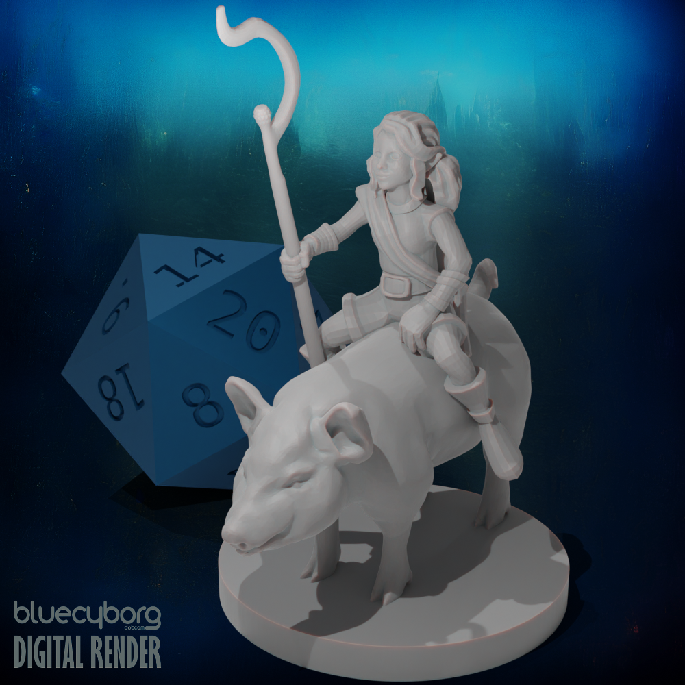 Halfling Female Druid riding a Pig 28mm Scale Miniature