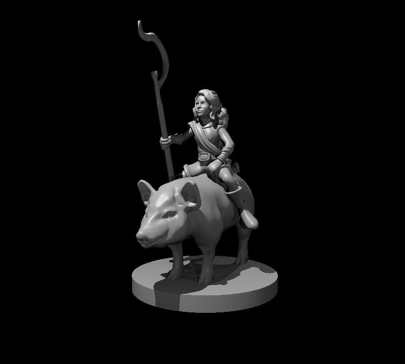 Halfling Female Druid riding a Pig - 28mm Scale Miniature