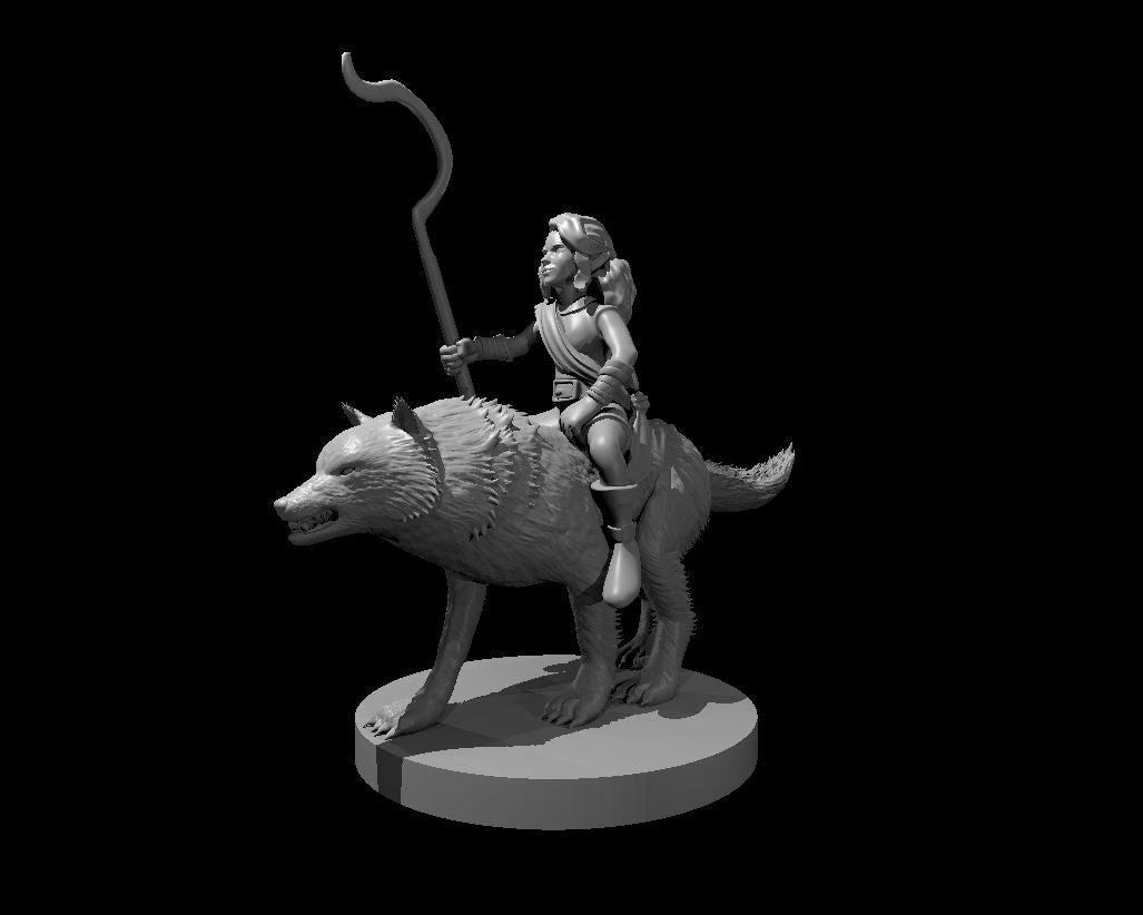 Halfling Female Druid riding a Wolf - 28mm Scale Miniature