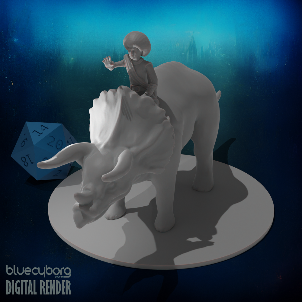 Human Female Mage on her Triceratops 28mm Scale Miniature