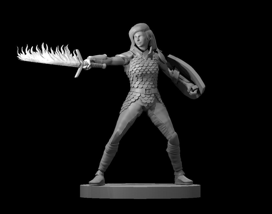Human Female Fighter Scale Armor Flame Sword Shield - 28mm Scale Miniature
