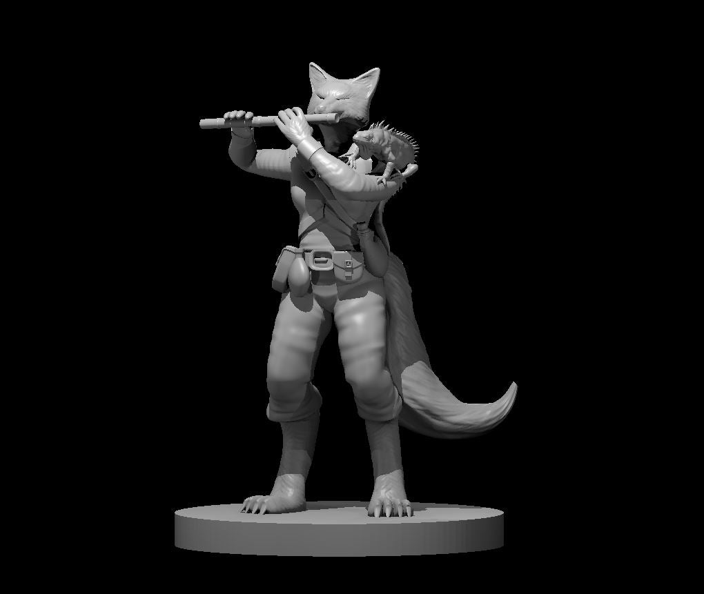 Kitsune Female Bard with Flute and Lizard - 28mm Scale Miniature