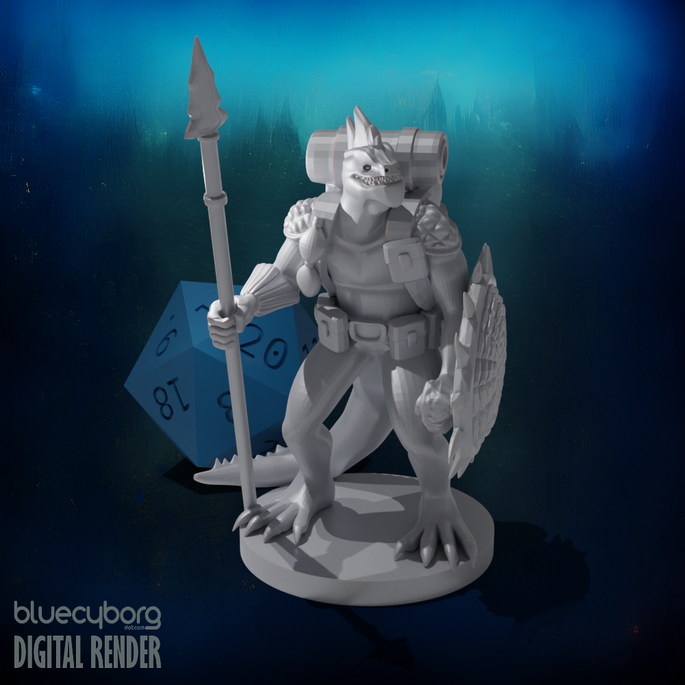 Lizardfolk Fighter with Shield and Spear 28mm Scale Miniature