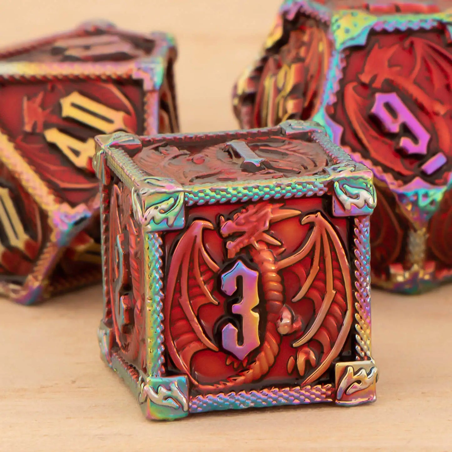 Metal D20 Polyhedral 7 Piece Dice Set - Dragon - Rainbow Red