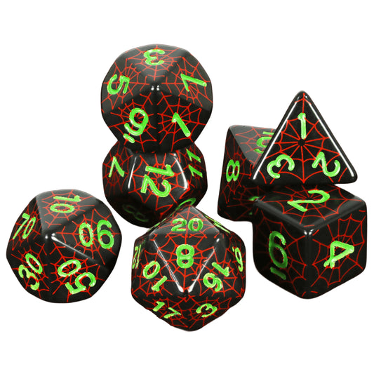 D20 Polyhedral 7 Piece Dice Set - Spiderweb - Black / Red / Green
