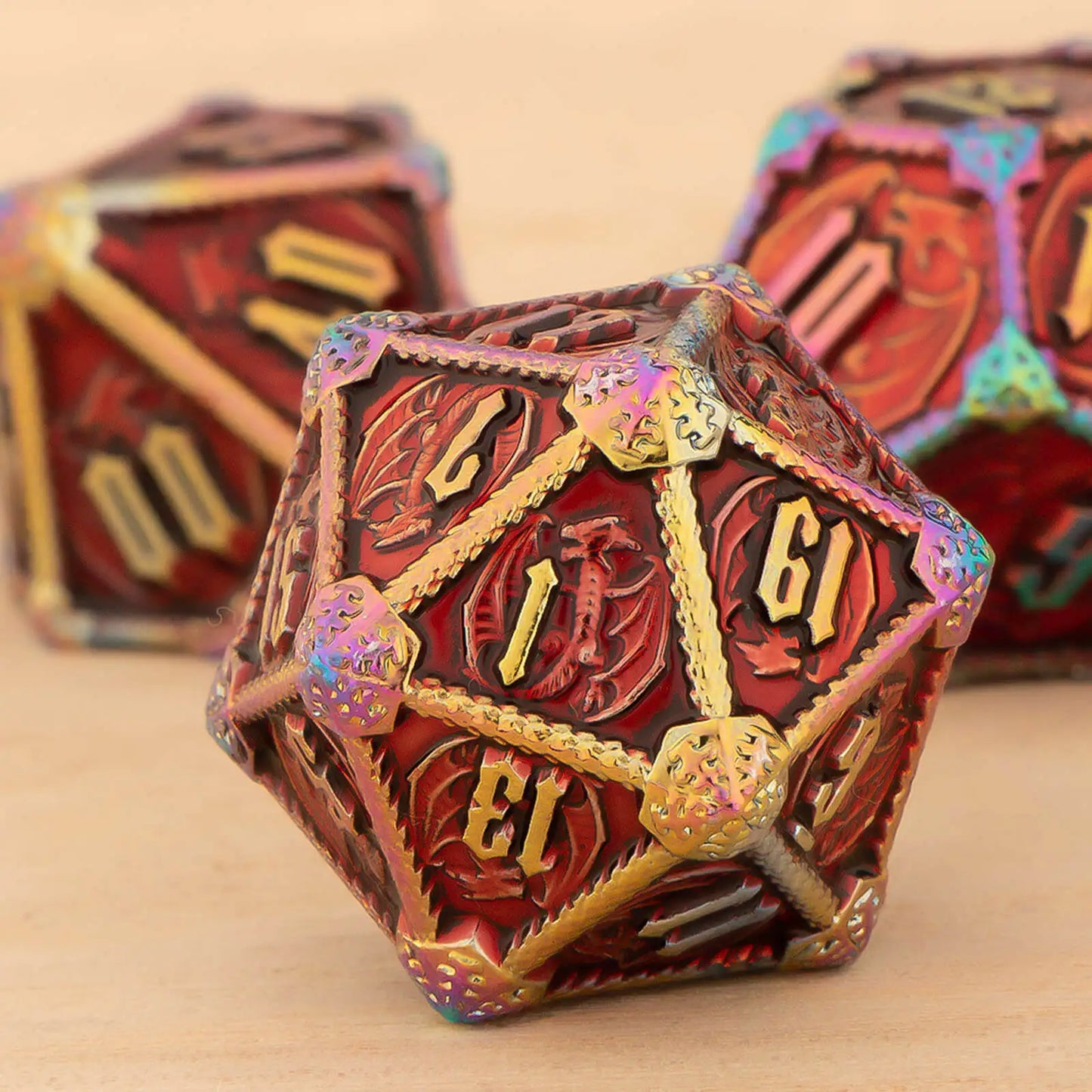 Metal D20 Polyhedral 7 Piece Dice Set - Dragon - Rainbow Red