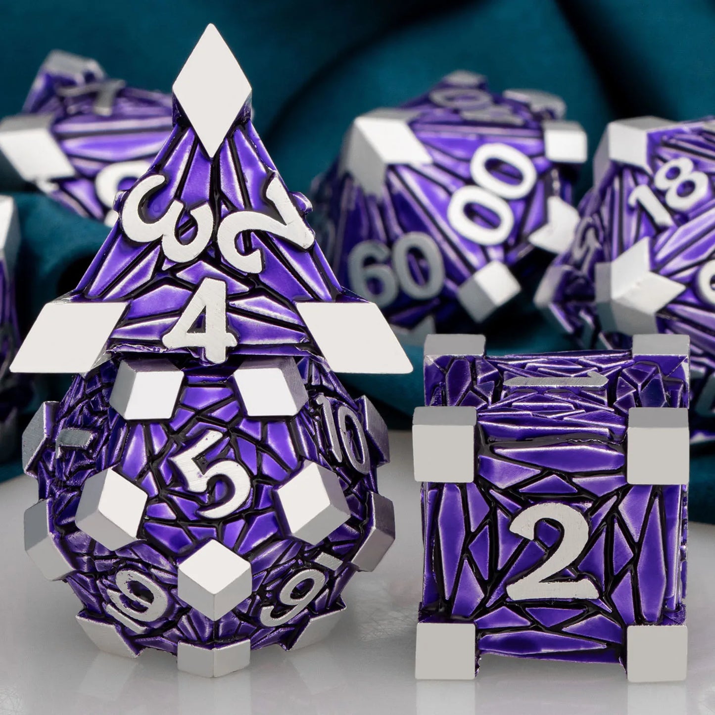Metal D20 Polyhedral 7 Piece Dice Set - Embercrest - Purple Silver