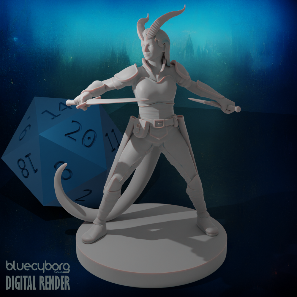 Tiefling Female Ranger Two Swords 28mm Scale Miniature
