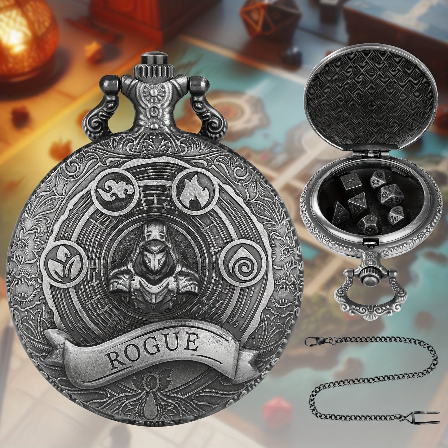 Mini Metal Dice Set With Pocket Watch Case - Rogue