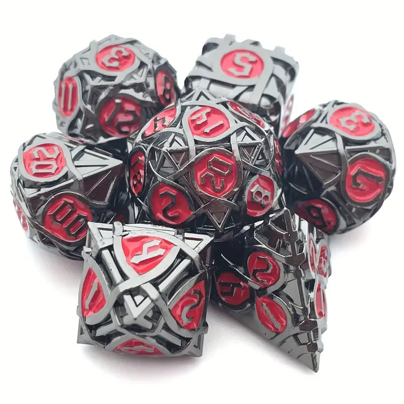 Metal D20 Polyhedral 7 Piece Dice Set - Endless Ribbon (Black Nickel Red)