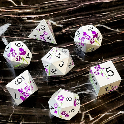 Metal Dice Set - Floral - Matt White Purple Flower