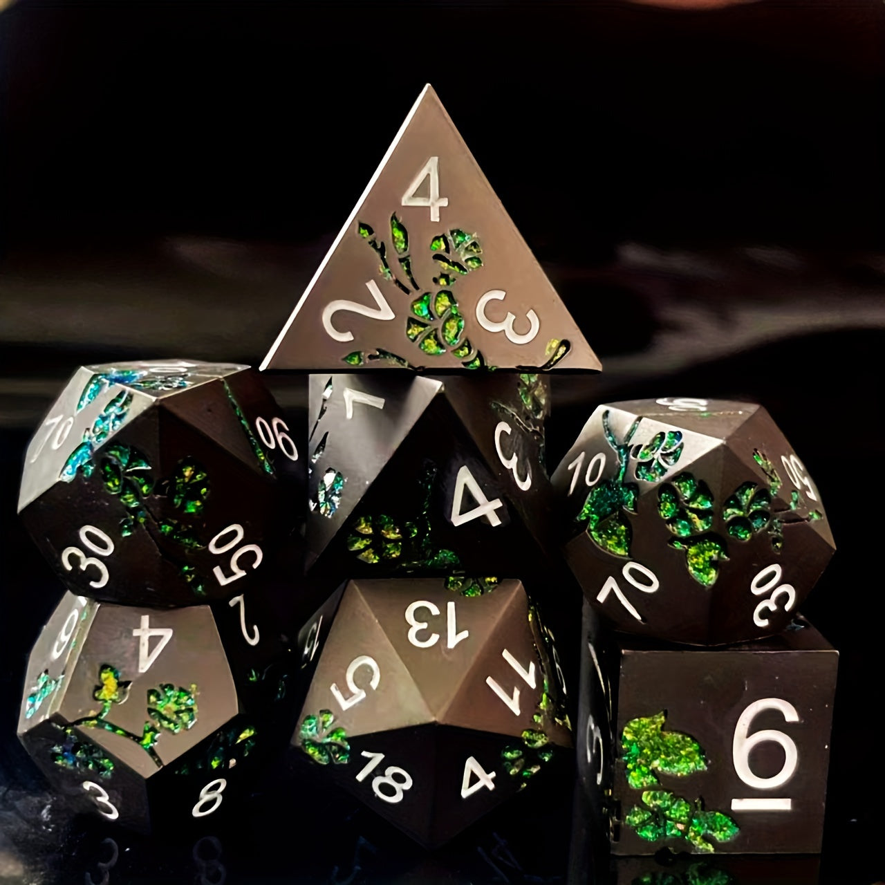 Metal Dice Set - Floral - Matt Black Green Flower