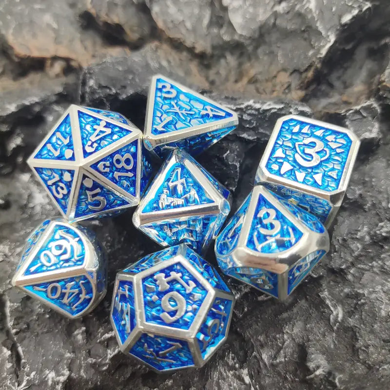 Metal Dice Set - Dragon Scale - Bright Silver Light Blue