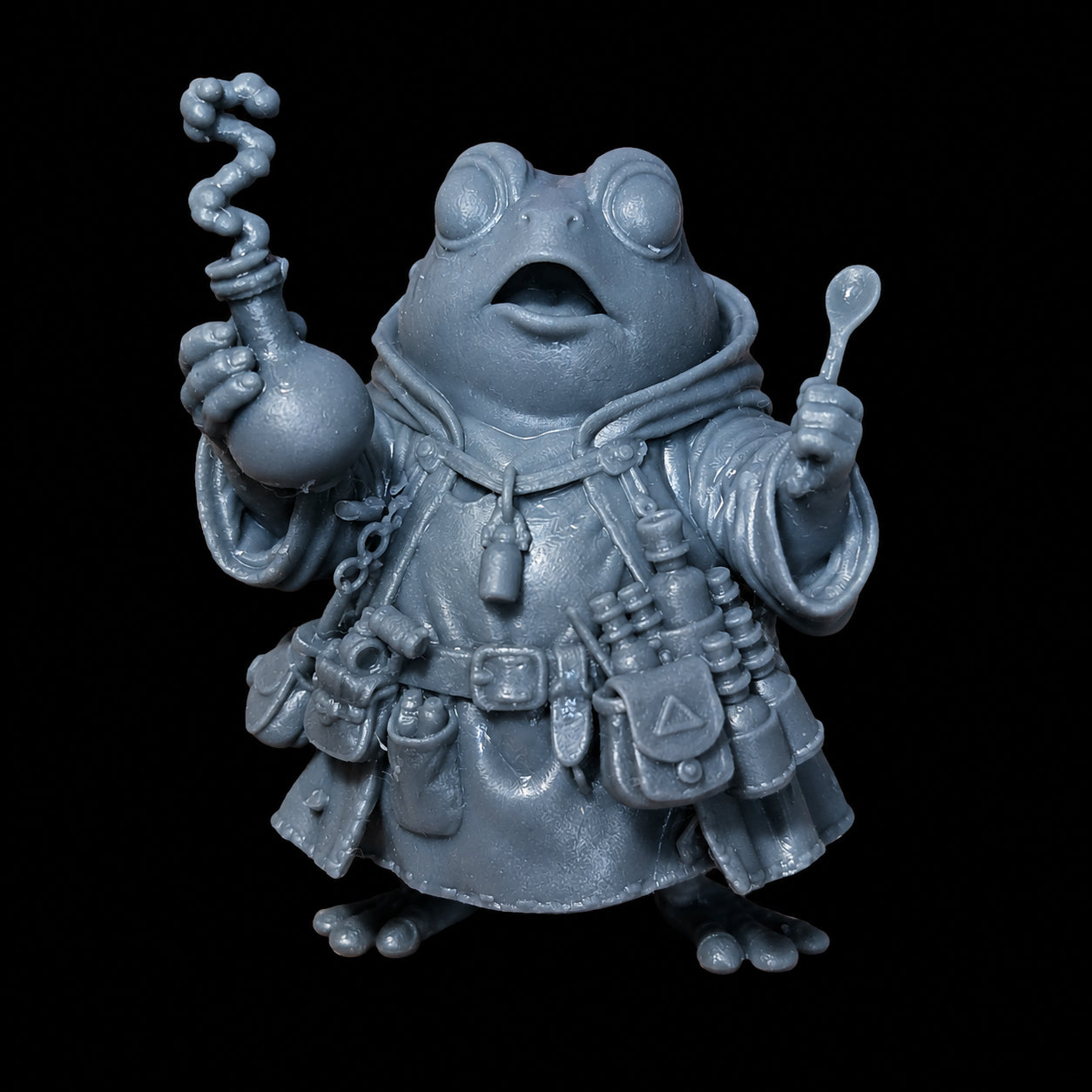 Unpainted Alchemist Frog oversized fantasy miniature on a black background