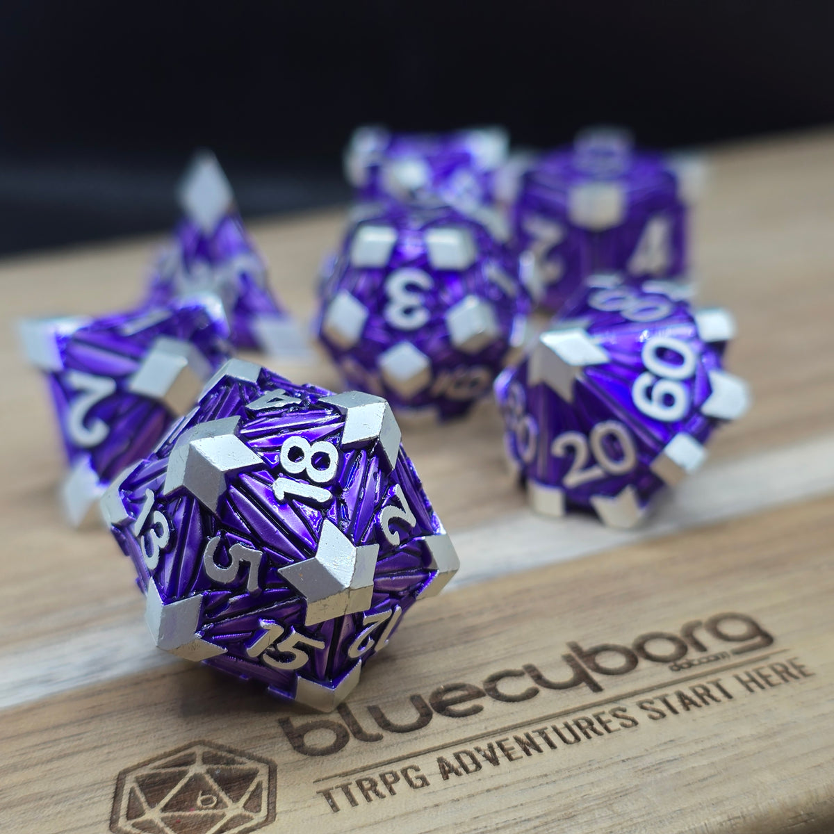 Amethyst Embercrest purple and silver metal RPG dice set