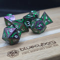 Arcane Green Flame black purple and green solid metal dice set