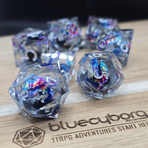 Astral Shell Turtles liquid core resin dice set with psychedelic sea turtles and black glitter core