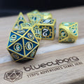 Azure Mechanism blue and gold clockwork themed metal dice set with cog details