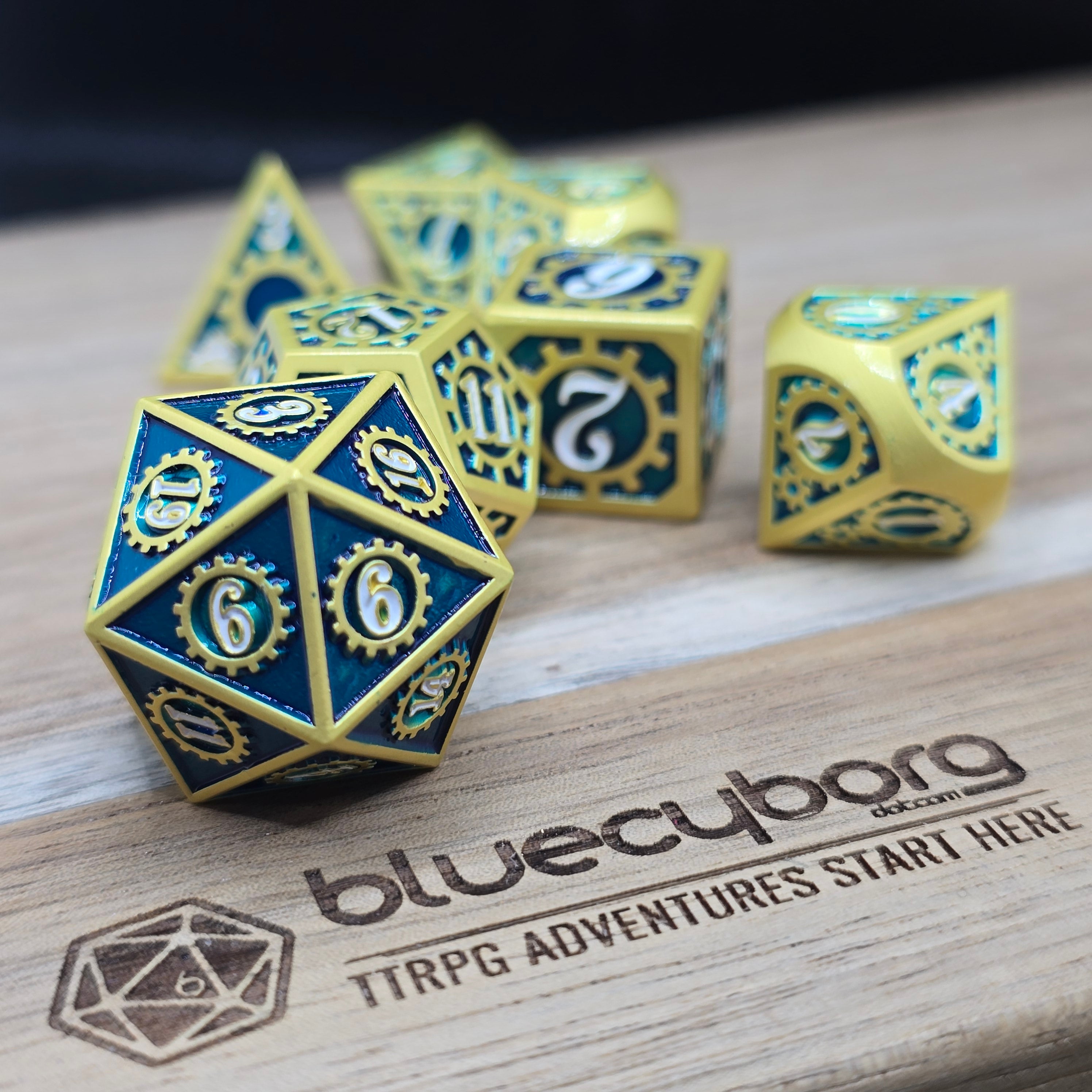 Azure Mechanism blue and gold clockwork themed metal dice set with cog details