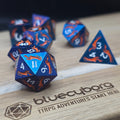 Azure Phoenix blue and orange solid metal dice set