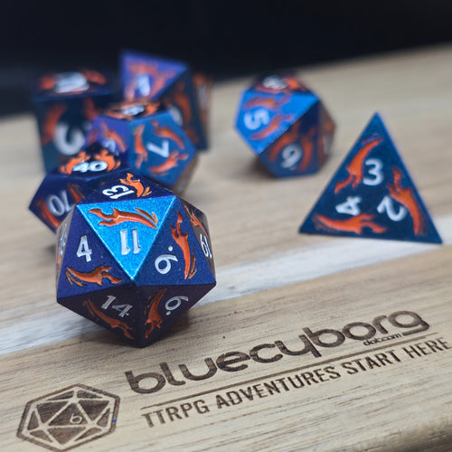 Azure Phoenix blue and orange solid metal dice set