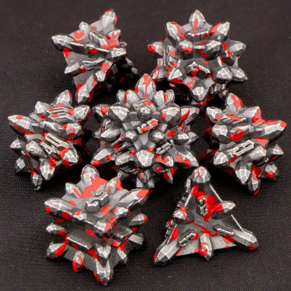 Metal D20 Polyhedral 7 Piece Dice Set - Crystal Formations Bloodied