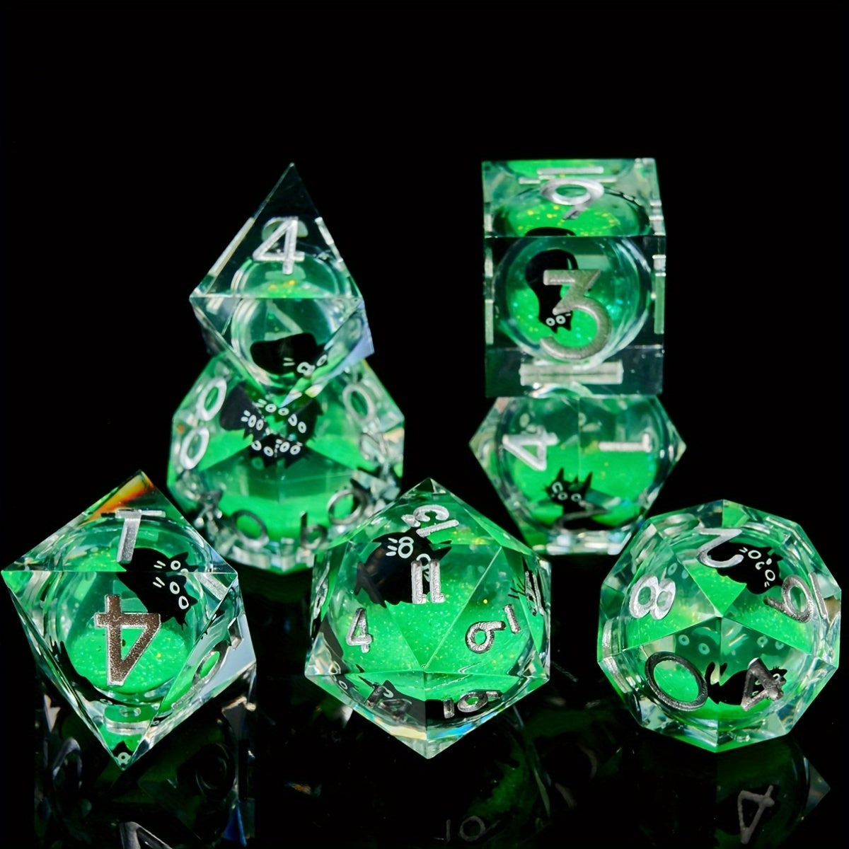 Liquid Core Dice Set - Kitty Sparkles Green