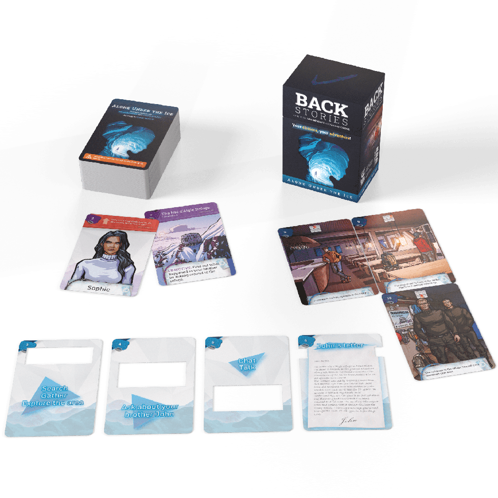 Backstories Alone Under the Ice game components and box